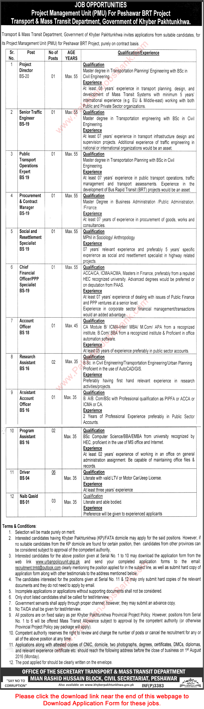 Transport Department KPK Jobs July 2016 BRT Project Peshawar Application Form Download Latest