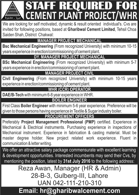 Gharibwal Cement Limited Chakwal Jobs 2016 July Managers, Engineers, & Others Latest