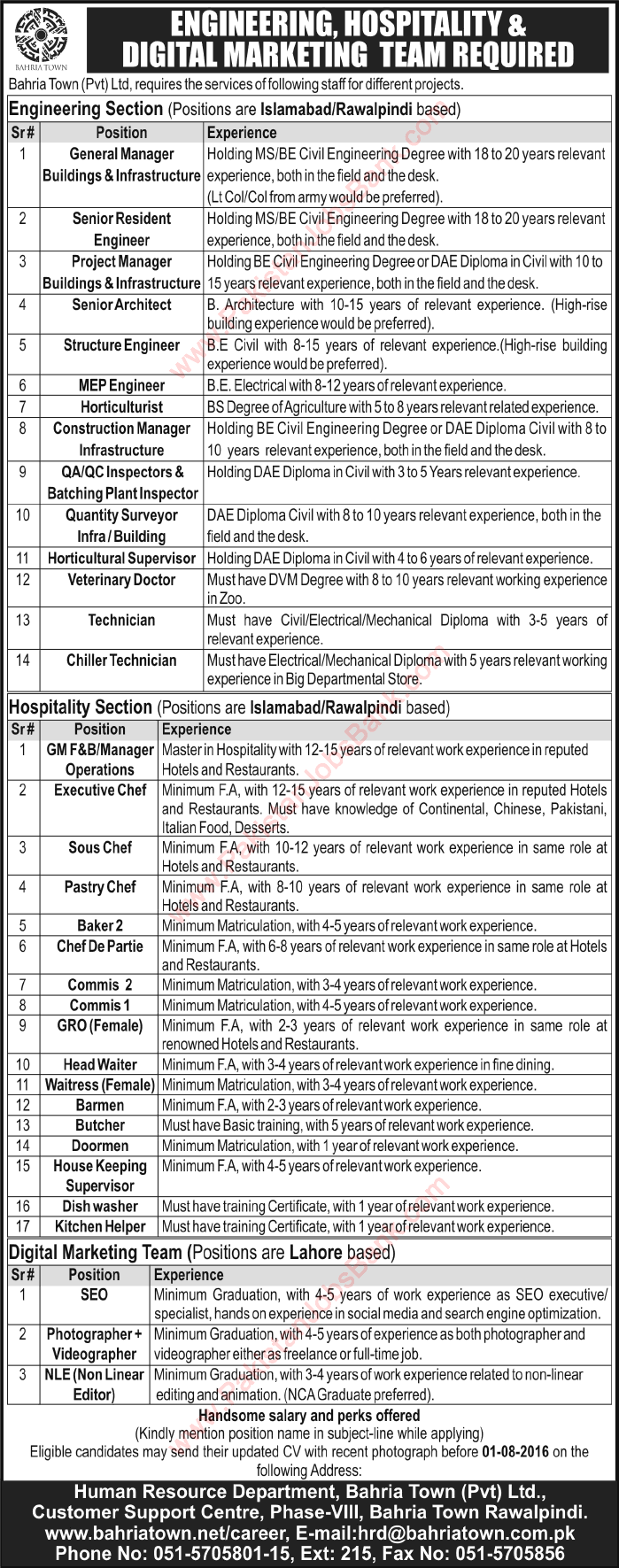 Bahria Town Jobs July 2016 Islamabad / Rawalpindi / Lahore for Engineering, Hospitality & Marketing Staff Latest