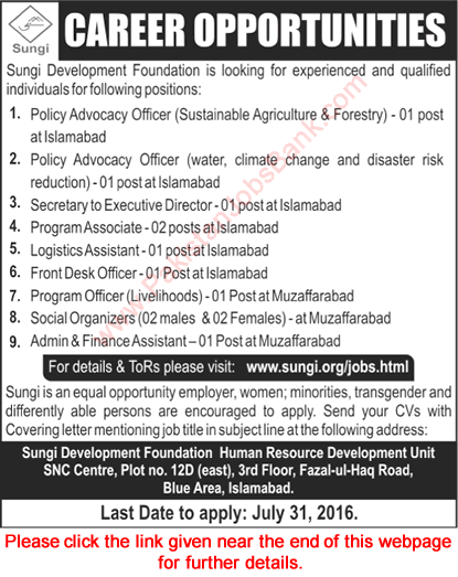 Sungi Development Foundation Jobs July 2016 Social Organizers, Program Associates & Others Latest