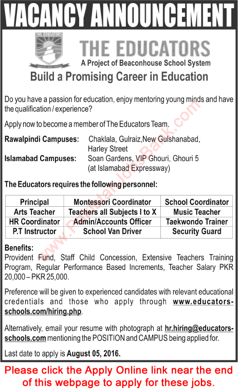 The Educators Islamabad / Rawalpindi Jobs July 2016 Apply Online Teachers, Admin & Support Staff Latest