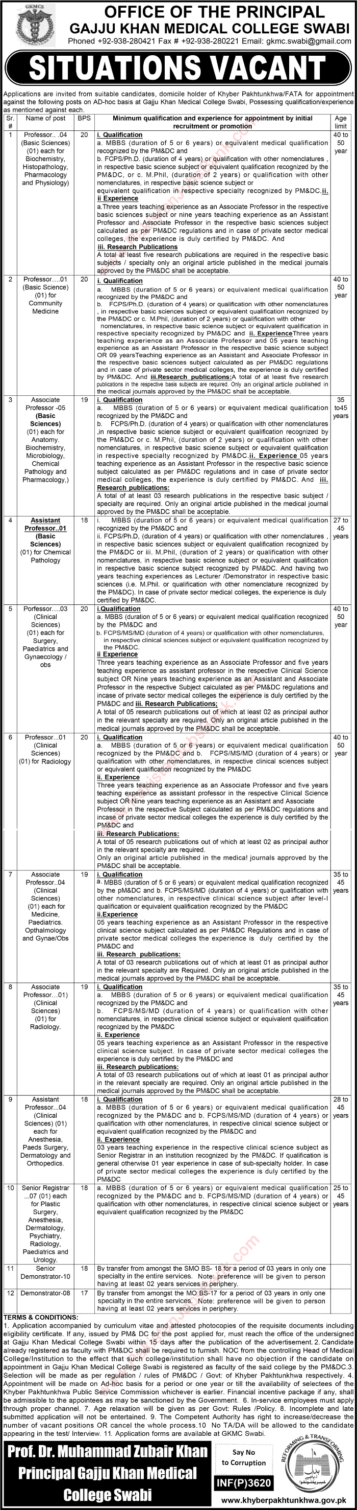 Gajju Khan Medical College Swabi Jobs 2016 July Teaching Faculty Latest Advertisement