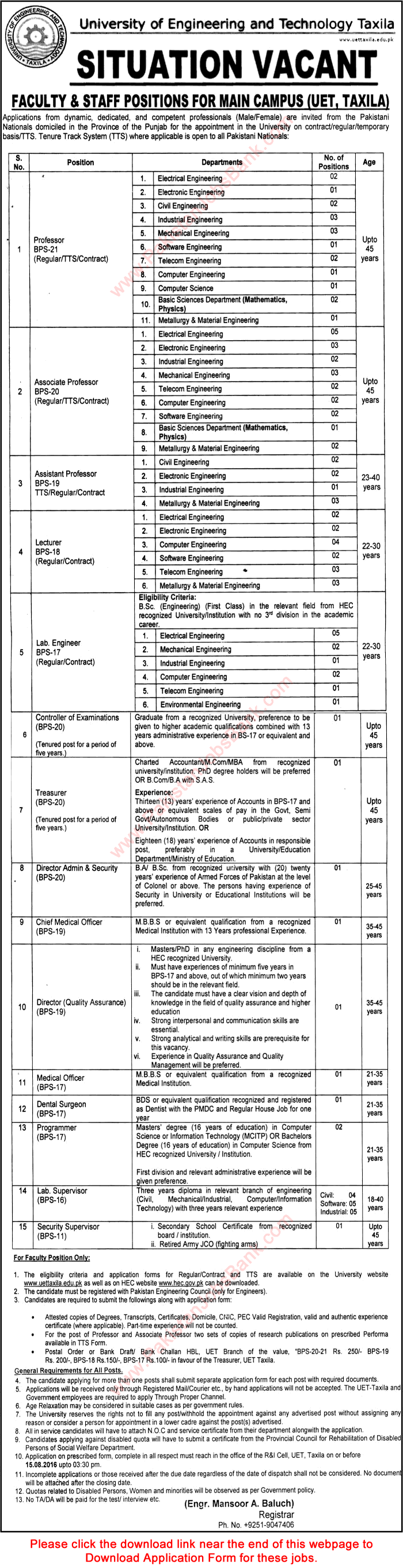 UET Taxila Jobs 2016 July / August Application Form Teaching Faculty, Lab Engineers & Others Latest