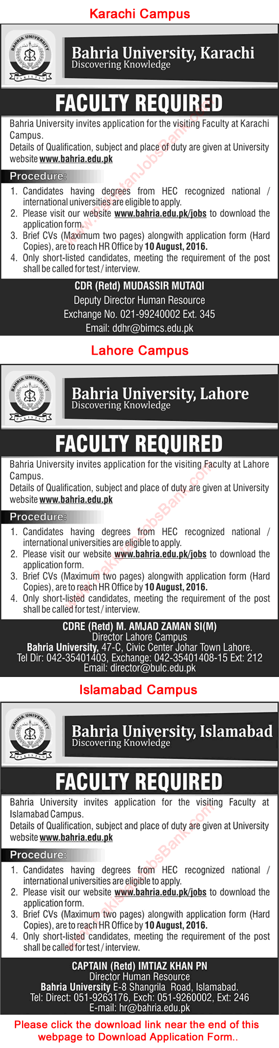 Bahria University Jobs July 2016 August Application Form Teaching Faculty Latest / New