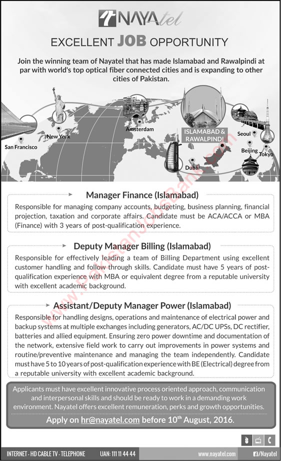 Nayatel Jobs in Islamabad July 2016 August for Assistant / Deputy Managers Latest