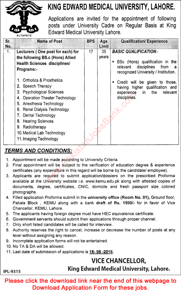 Lecturer Jobs in King Edward Medical University Lahore August 2016 KEMU Application Form Latest