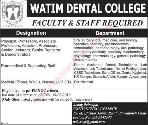 Watim Dental College Rawalpindi Jobs 2016 August Teaching Faculty, Medical Officers, Nurses & Others Latest