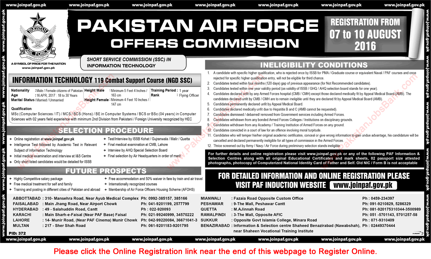 Join Pakistan Air Force August 2016 Online Registration PAF SSC Commission in 119 Combat Support Course Latest