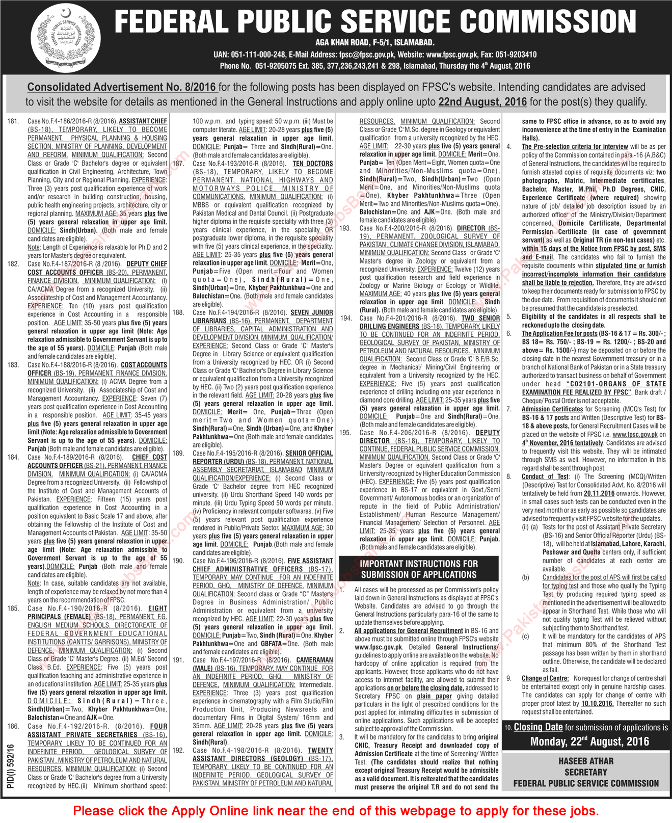 FPSC Jobs August 2016 Apply Online Consolidated Advertisement No 08/2016 8/2016 Latest