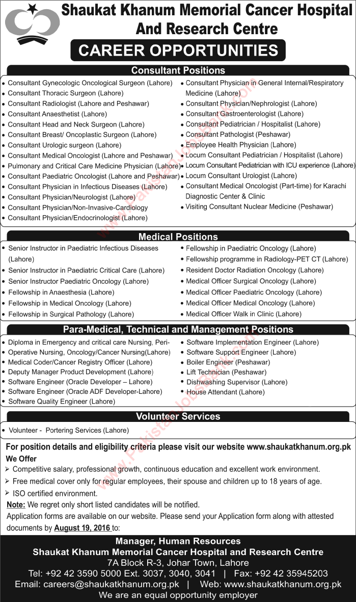 Shaukat Khanum Hospital Jobs August 2016 SKMCH&RC Medical Officer, Consultants & Others Latest / New