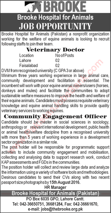 Brooke Hospital for Animals Pakistan Jobs August 2016 Veterinary Doctors & Community Engagement Officers Latest
