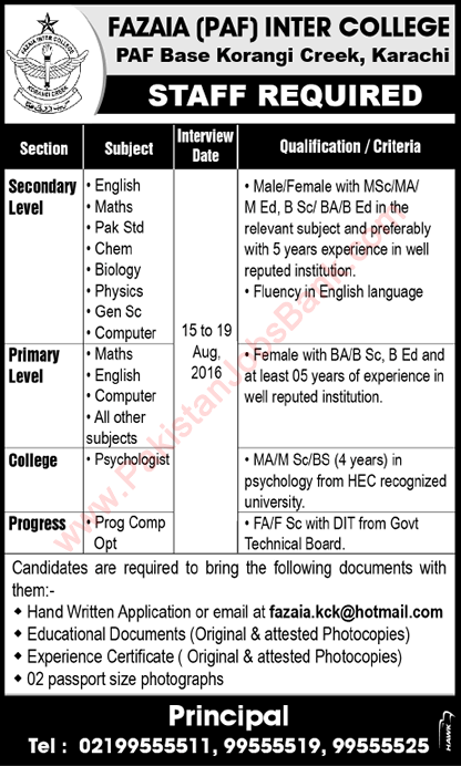 Fazaia Inter College Karachi Jobs August 2016 Teaching Faculty & Computer Operator Latest