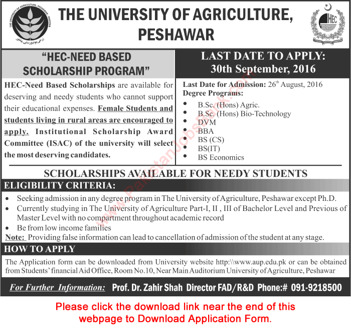 University of Agriculture Peshawar HEC Need Based Scholarships 2016 August Application Form Download Latest