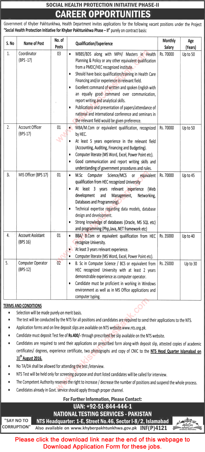 Health Department KPK Jobs August 2016 NTS Application Form Social Health Protection Initiative Phase-II Latest