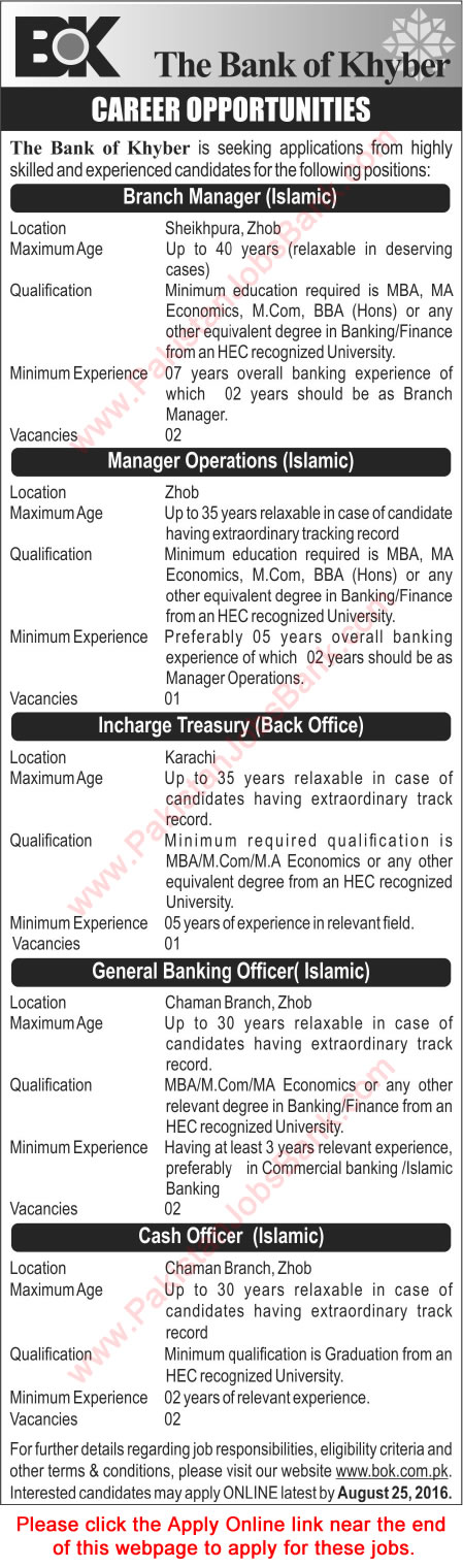 Bank of Khyber Jobs August 2016 BOK Apply Online Cash Officers, Managers & Others Latest