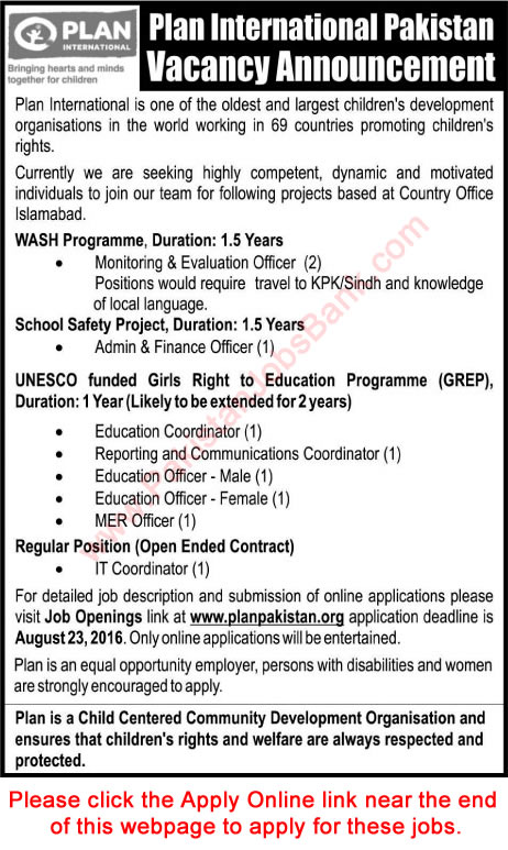 Plan Pakistan Jobs August 2016 in Islamabad Apply Online Education Officers & Others Latest