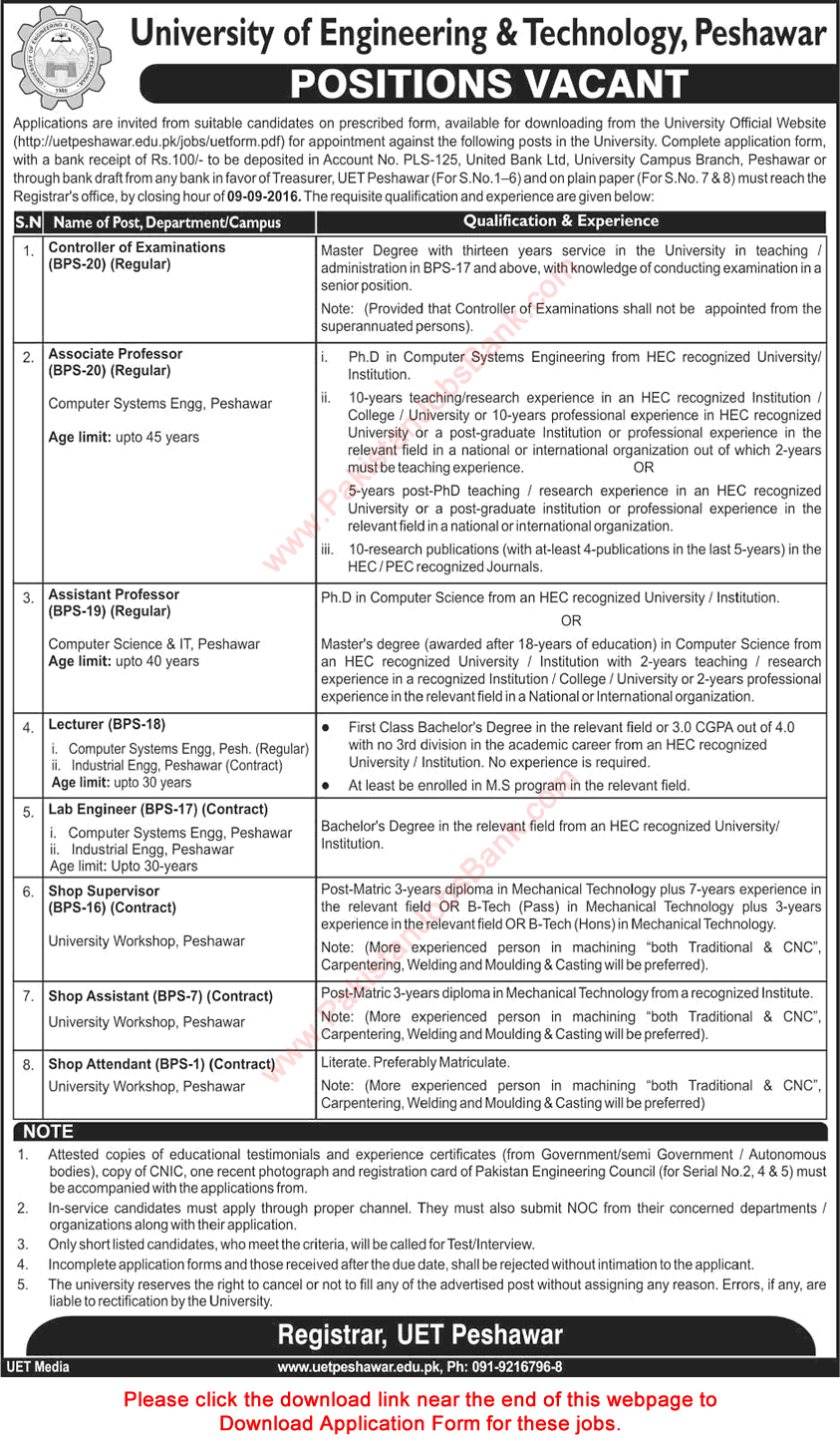 UET Peshawar Jobs August 2016 Application Form Teaching Faculty, Lab Engineers & Others Latest