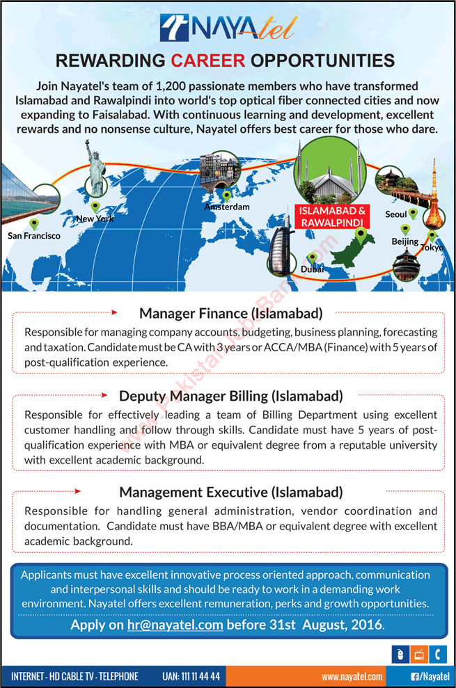 Nayatel Jobs in Islamabad August 2016 Management Executive, Finance & Billing Managers Latest