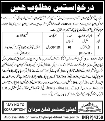 Clerk Jobs in Mardan August 2016 at Deputy Commissioner Office Latest