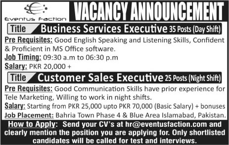 Eventus Faction Islamabad Jobs August 2016 September Rawalpindi Business Services & Customer Sales Executives Latest