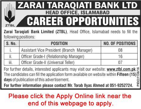 ZTBL Jobs September 2016 Apply Online Relationship Managers, Branch Managers & Universal Tellers Latest