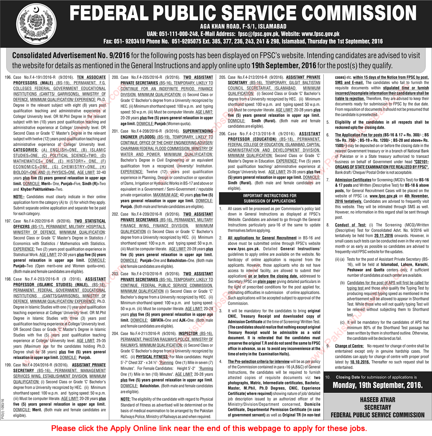 FPSC Jobs September 2016 Apply Online Consolidated Advertisement No 09/2016 9/2016 Latest