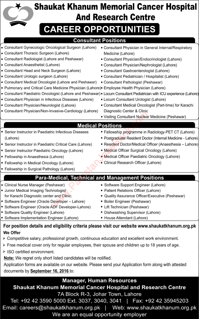 Shaukat Khanum Hospital Jobs September 2016 Medical Officers, Consultants & Others SKMCH&RC Latest