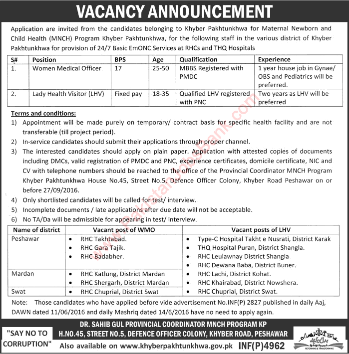 Health Department KPK Jobs September 2016 Lady Health Visitors & Medical Officers MNCH Program Latest