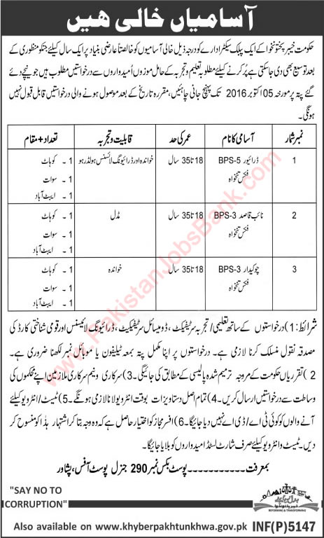 PO Box 290 GPO Peshawar Jobs 2016 September Naib Qasid, Drivers & Chowkidar Latest