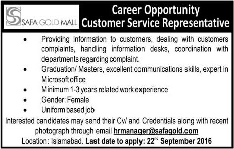 Female Customer Service Representative Jobs in Islamabad September 2016 at SAFA Gold Mall Latest