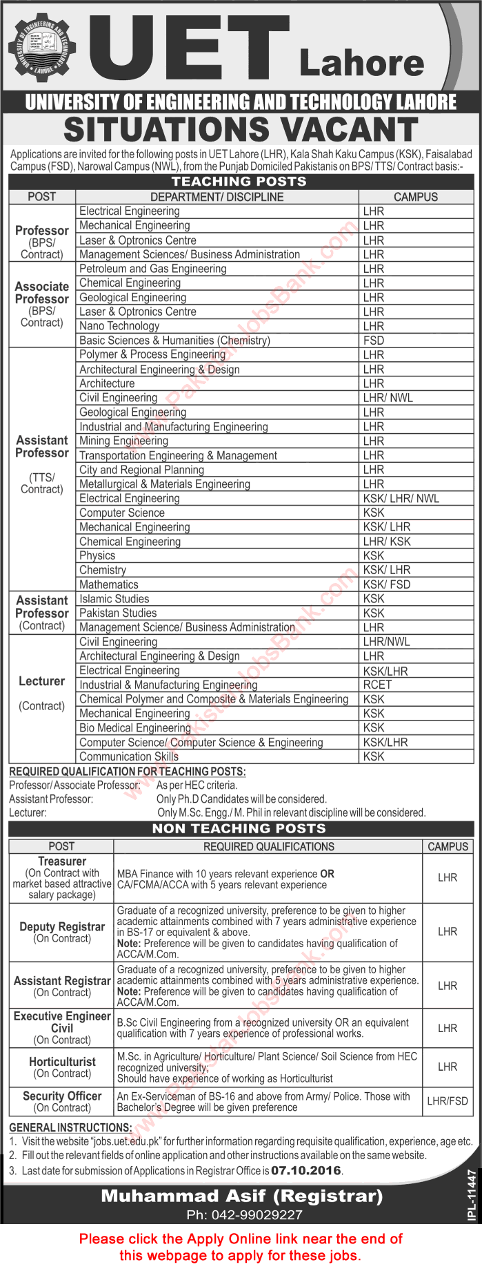 UET Lahore Jobs September 2016 Apply Online Teaching Faculty, Admin & Support Staff Latest