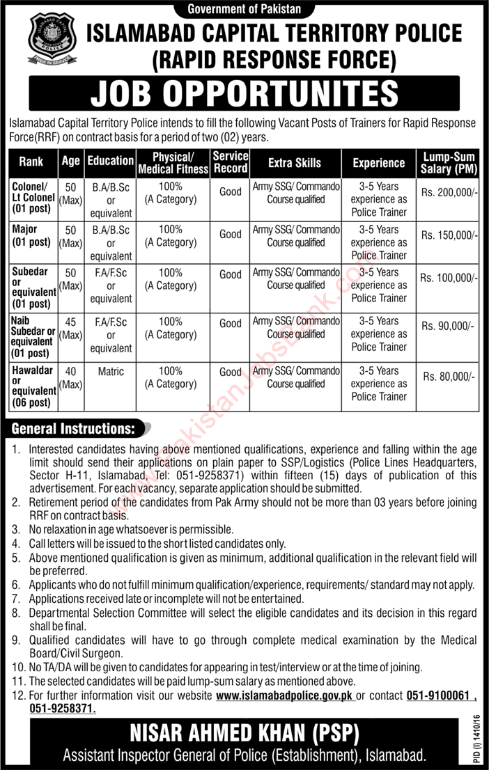 Islamabad Police Trainer Jobs September 2016 Ex/Retired Army Personnel in Rapid Response Force Latest