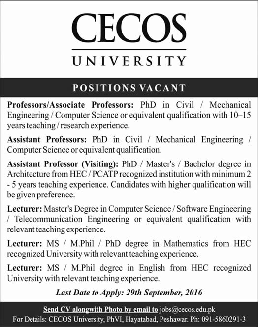 CECOS University Peshawar Jobs September 2016 Teaching Faculty Latest