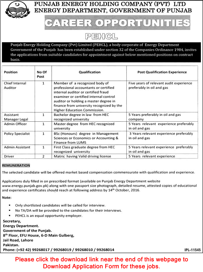Punjab Energy Holding Company Jobs 2016 September Lahore PEHCL Application Form Download Latest