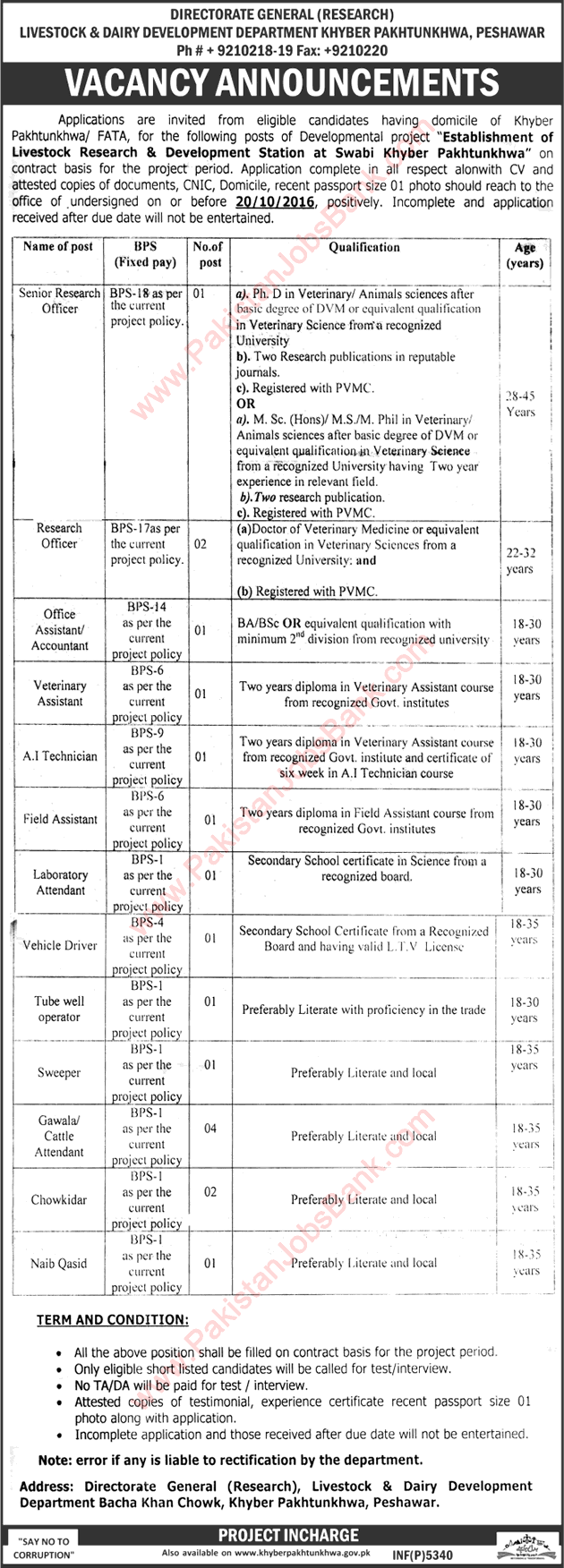 Livestock and Dairy Development Department KPK Jobs September 2016 L&DD Latest Advertisement