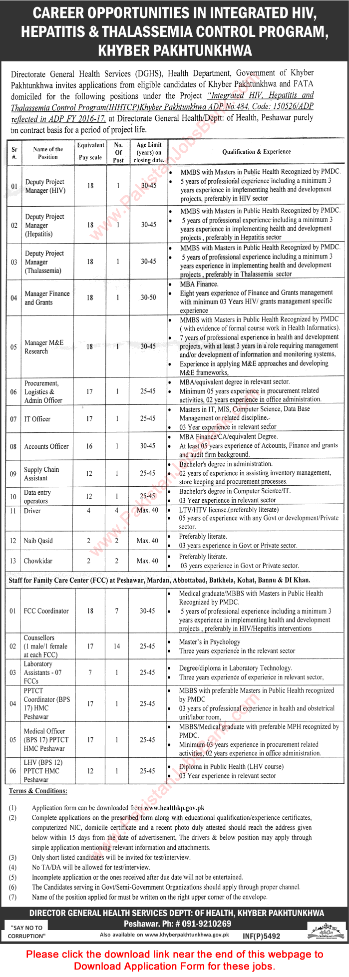 Health Department KPK Jobs September 2016 Application Form Integrated Hepatitis & Thalassemia Control Program Latest