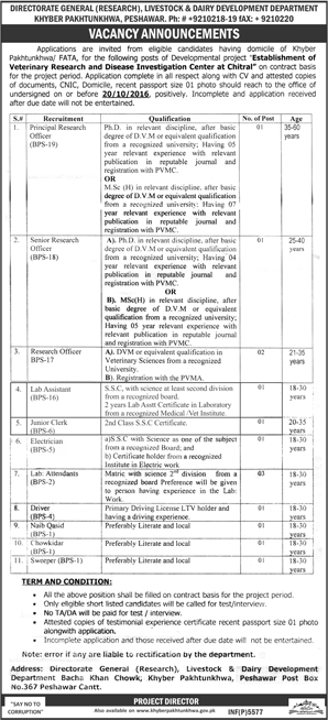 Livestock and Dairy Development Department KPK Jobs September 2016 October Lab Attendants, Clerks & Others Latest