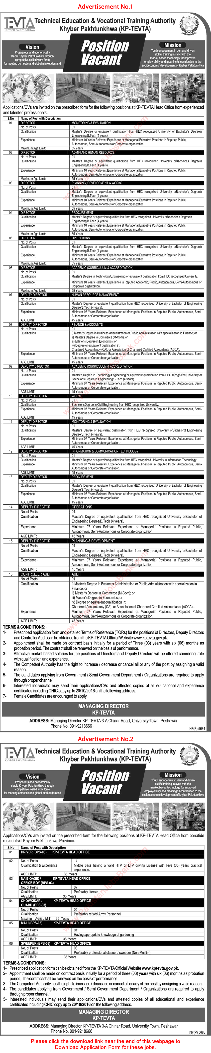 KPK TEVTA Jobs October 2016 Application Form Technical Education & Vocational Training Authority Latest