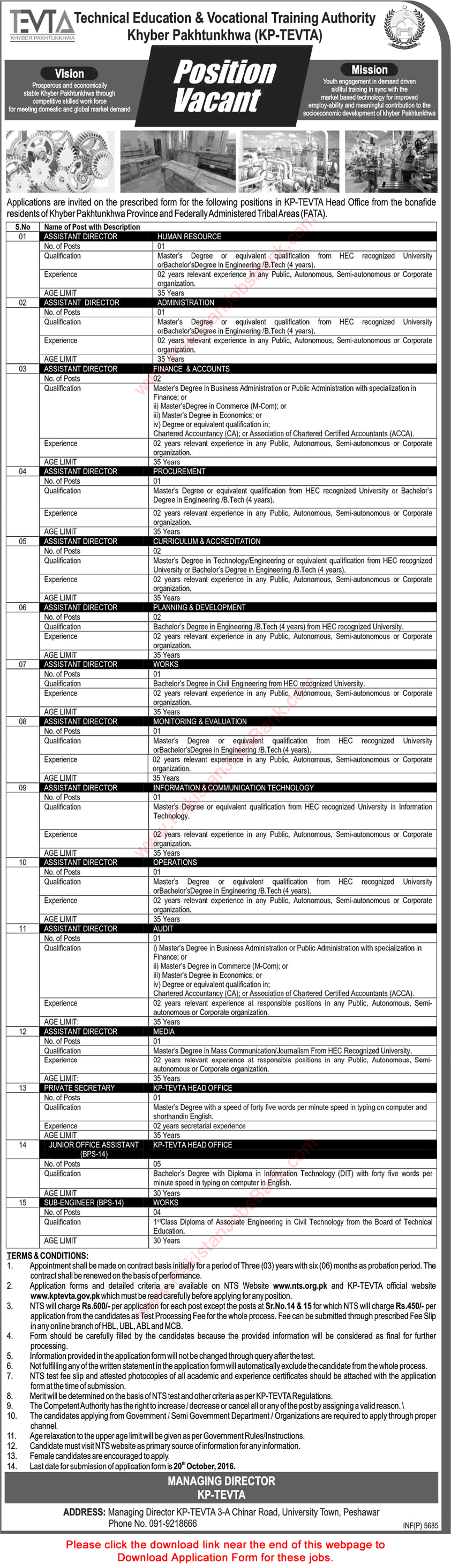 KPK TEVTA Jobs October 2016 NTS Application Form Assistant Directors, Office Assistants & Others Latest / New