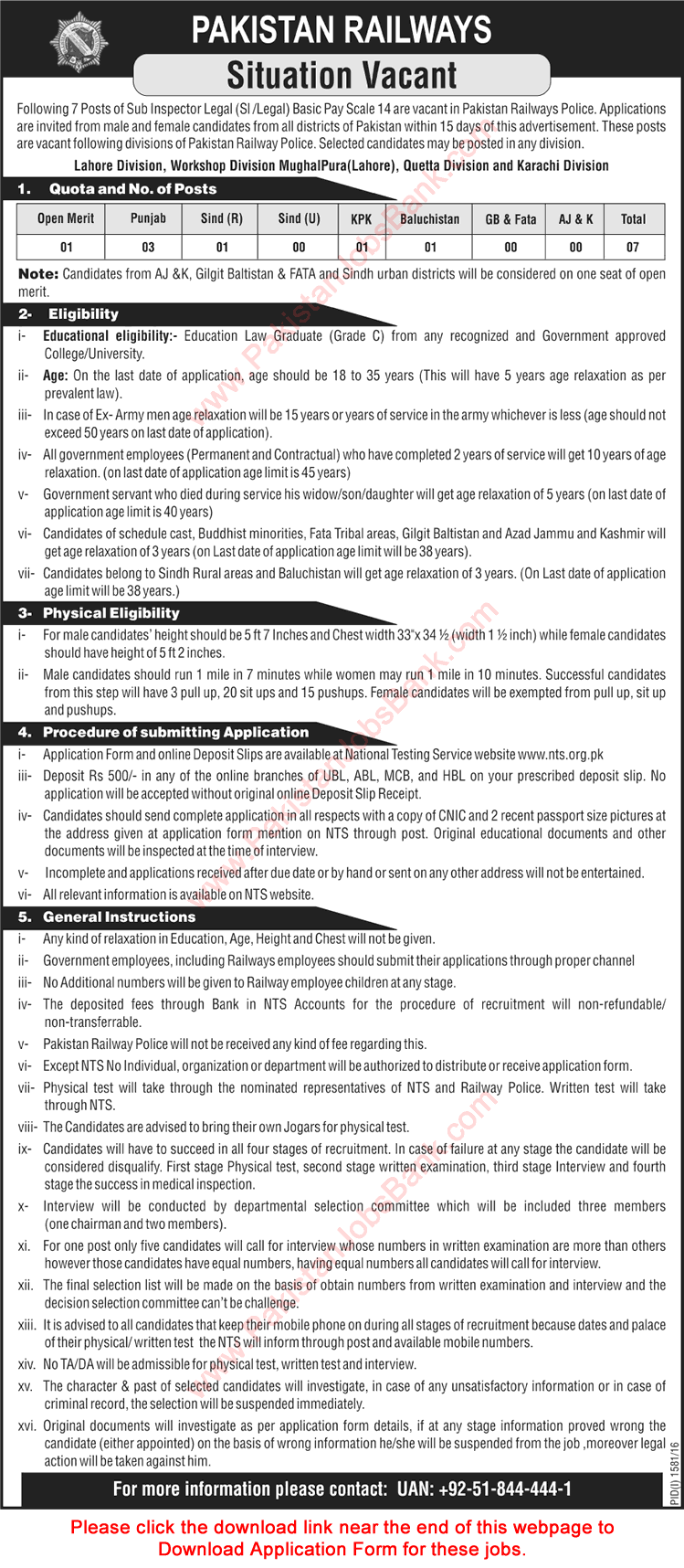 Sub Inspector Jobs in Pakistan Railways October 2016 NTS Application Form Download Latest