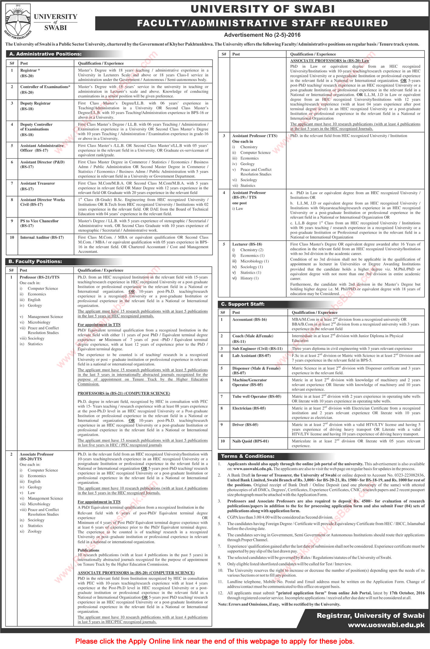 University of Swabi Jobs 2016 October Apply Online Teaching Faculty, Admin & Support Staff Latest / New