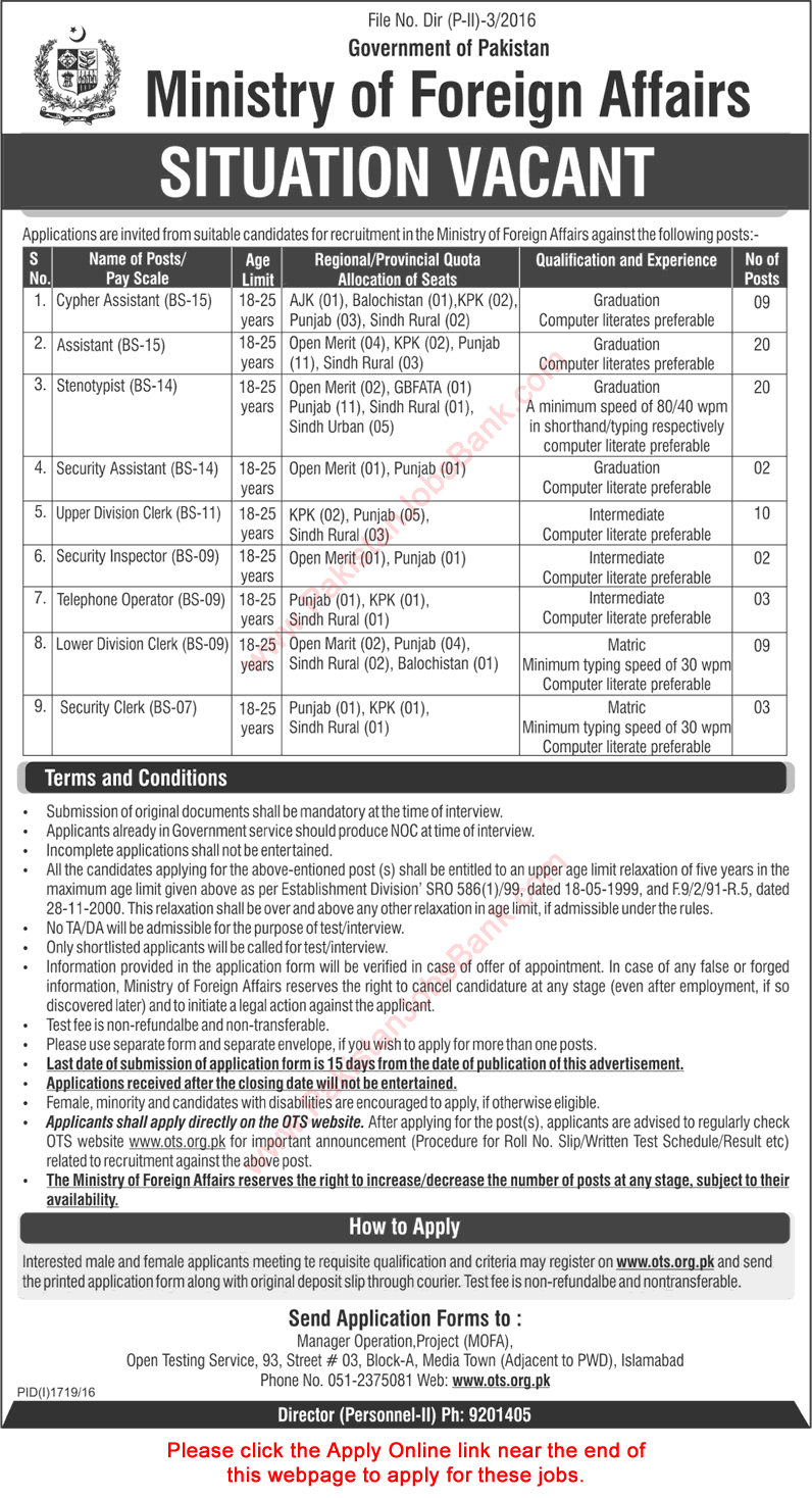 Ministry of Foreign Affairs Islamabad Jobs 2016 October OTS Online Application Form Assistants, Stenotypists & Others Latest