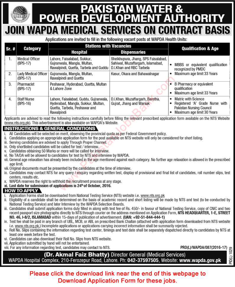 WAPDA Jobs October 2016 NTS Application Form Medical Officers, Pharmacists & Staff Nurses Latest