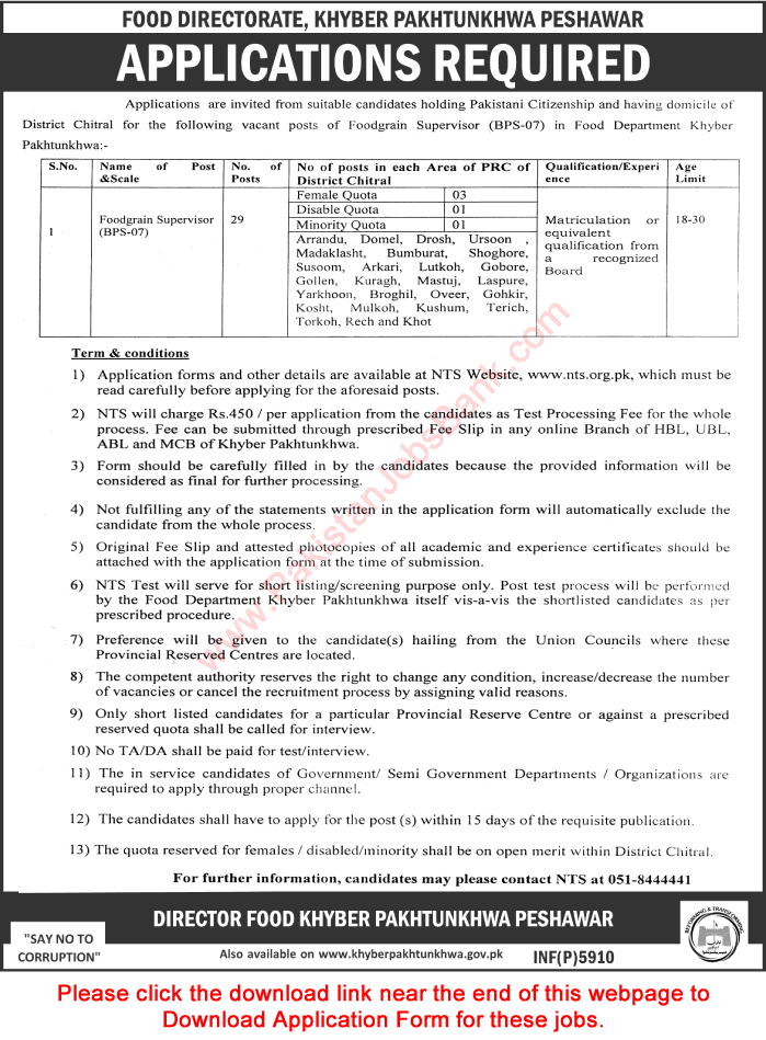 Foodgrain Supervisor Jobs in Food Department KPK 2016 October NTS Application Form Download Latest