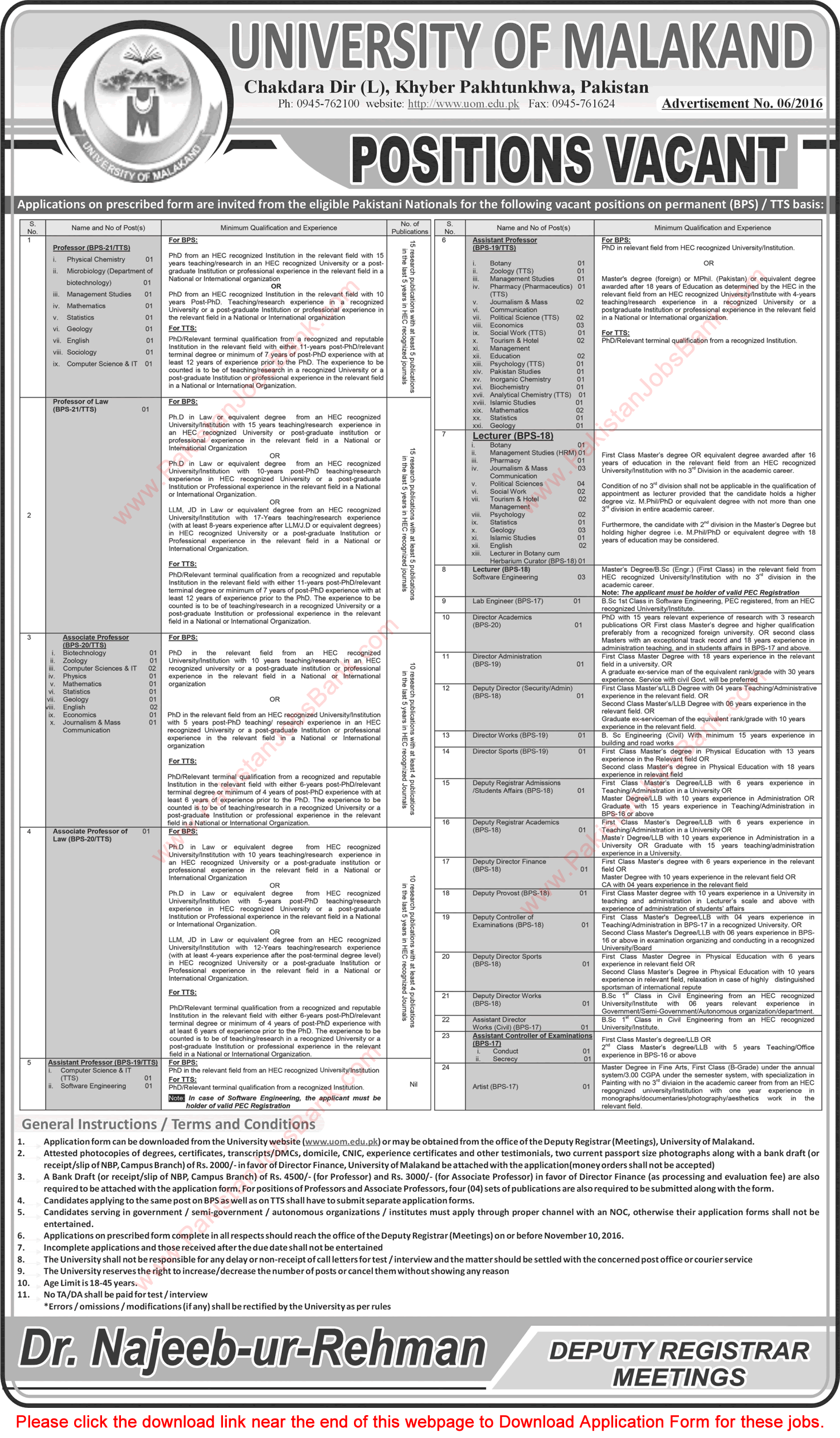 University of Malakand Jobs 2016 October Application Form Teaching Faculty & Others Latest