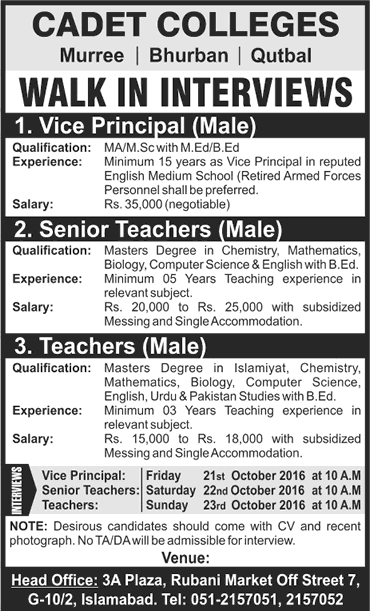 Cadet Colleges Punjab Jobs October 2016 Teachers & Vice Principal Walk In Interviews Latest