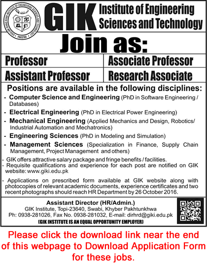 GIK Institute of Science and Technology Swabi Jobs October 2016 Application Form Teaching Faculty & Research Associate Latest