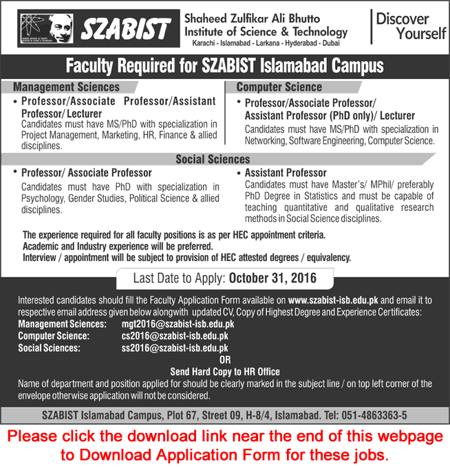 SZABIST Islamabad Jobs October 2016 Teaching Faculty Application Form Download Latest