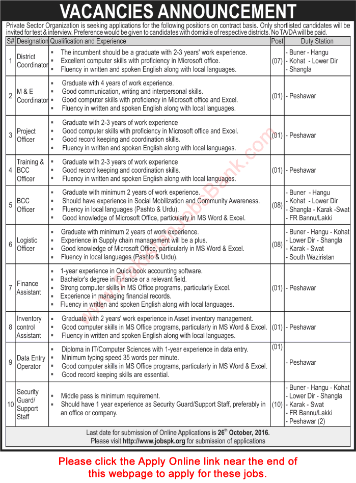 Public Sector Organization Jobs October 2016 KPK Online Application Form ACD Latest Advertisement