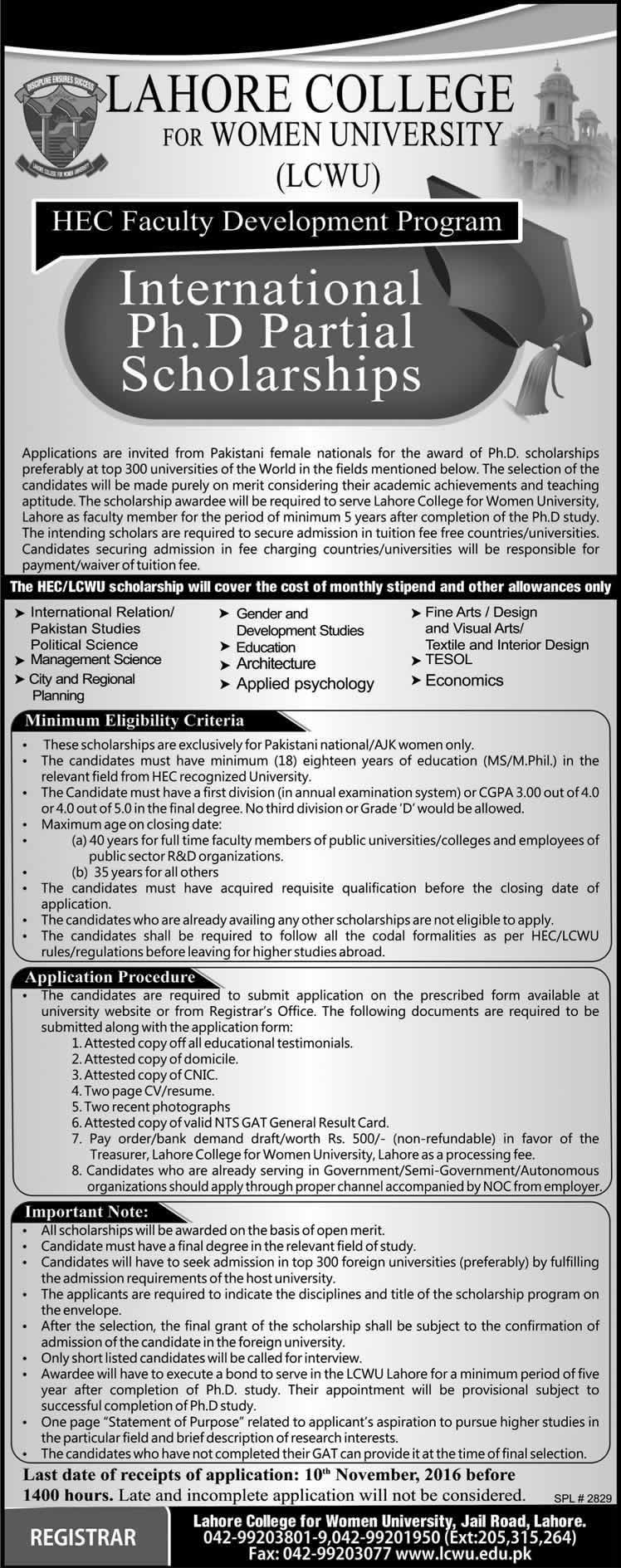 Lahore College for Women University PhD Scholarships 2016 October Faculty Development Program Latest